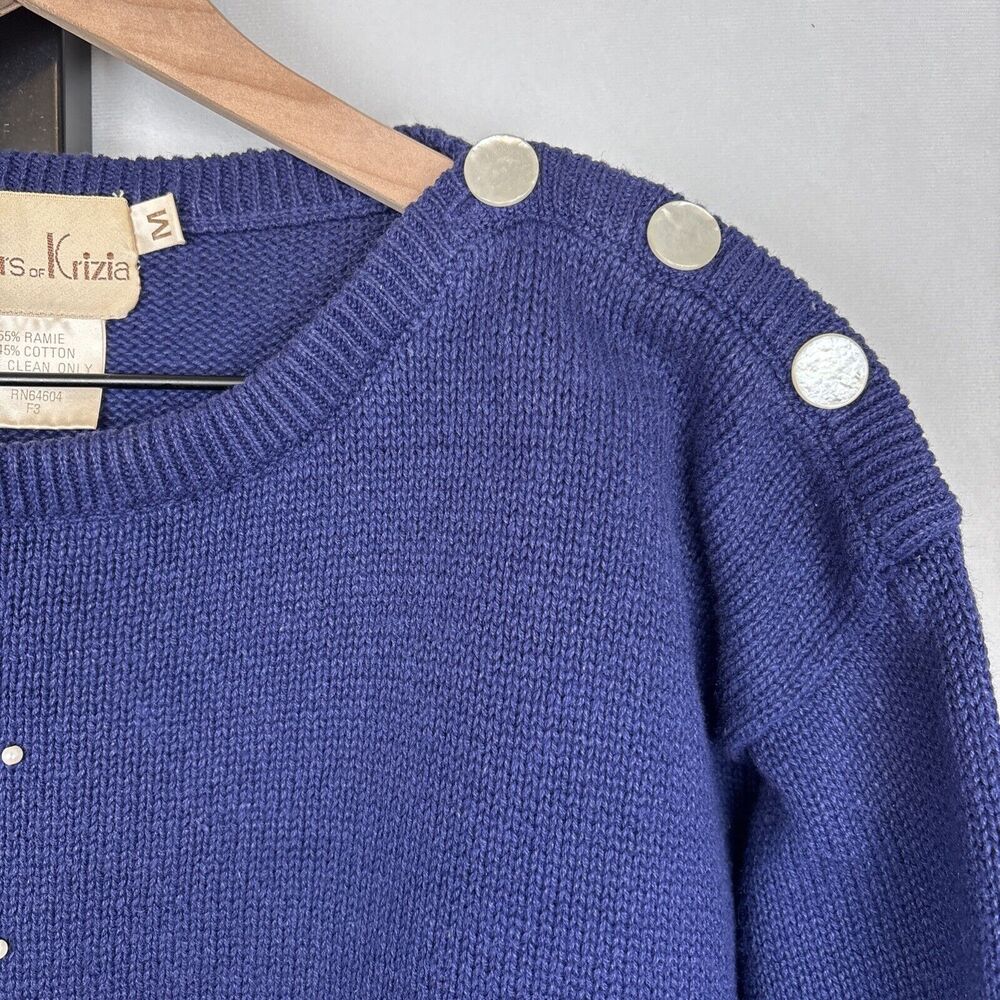 Vintage Mirrors of Krizia Sweater M Indigo Pullover Pearl Flower Shoulder Button - Picture 2 of 12